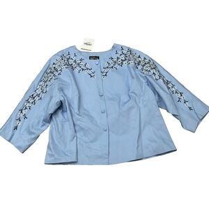 NEW Bob Mackie Wearable Art Embroidered Top Women 3X Blue Floral Button Front